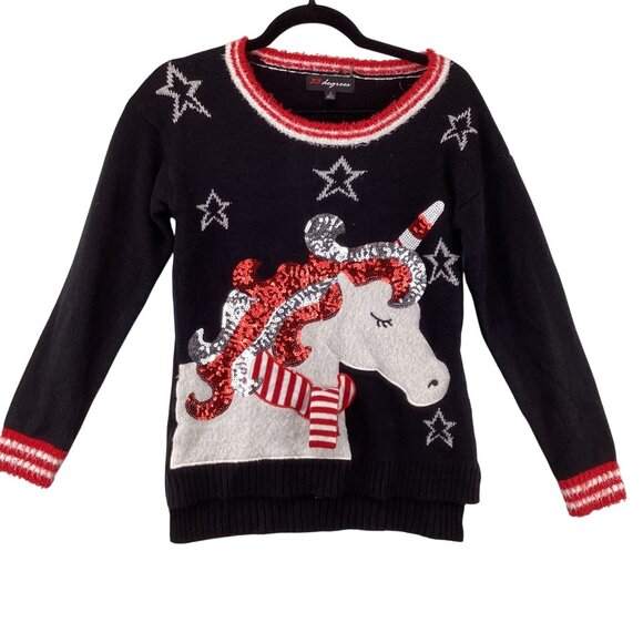 33 Degrees Unicorn Sequin Black & Red Christmas Sweater Size Small  Holiday‎ - Picture 1 of 8